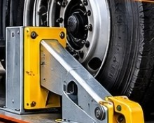 Yellow vehicle restraint engaged against a trailer wheel